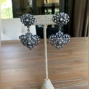 BANANA BOB • Vintage Rhinestone Crystal Teardrop Pewter Tone Chandelier Earrings